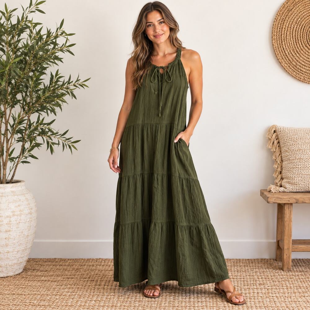 T Tahari green cotton gauze maxi dress sleeveless Medium Beachy boho